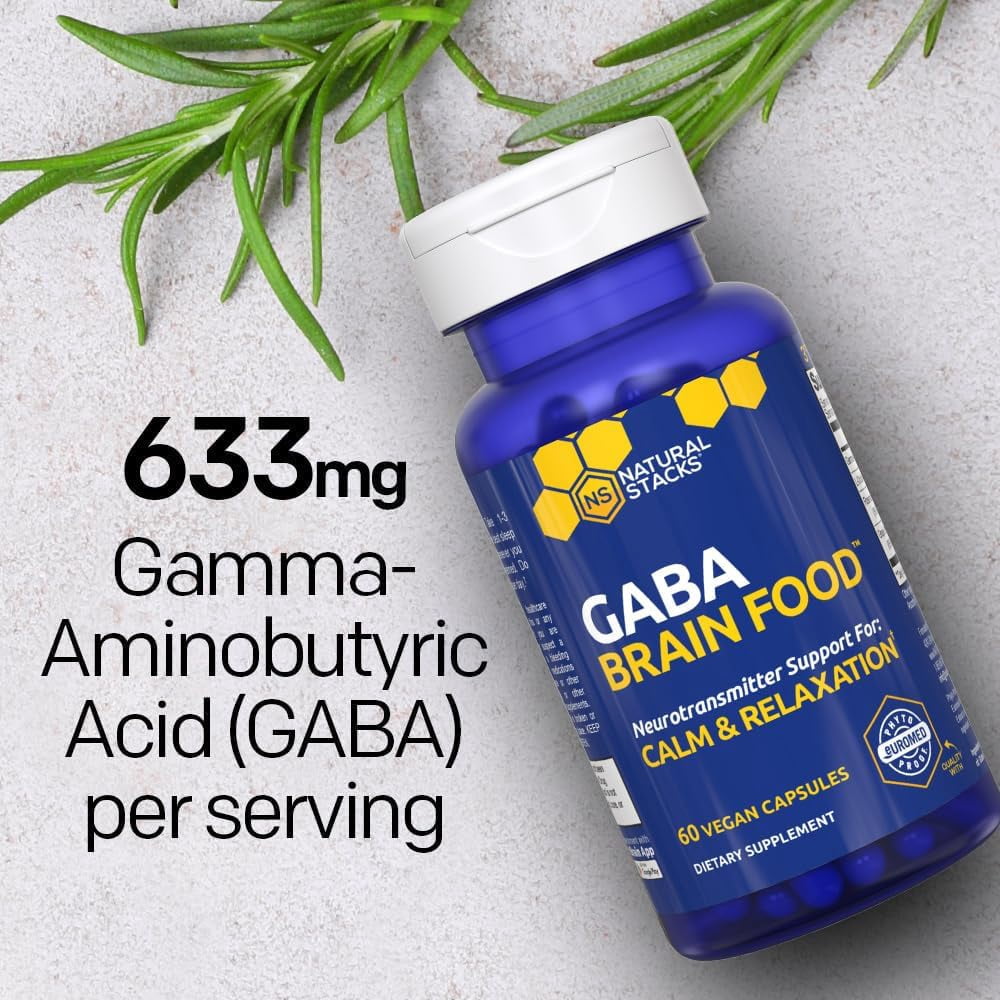Natural Stacks Gamma-Aminobutyric Acid GABA Supplement 60 ct. - Deep Relaxation and Calm - Night Time Sleep Aid - Brain Food Formula Promotes GABA (Gamma-Aminobutyric Acid)