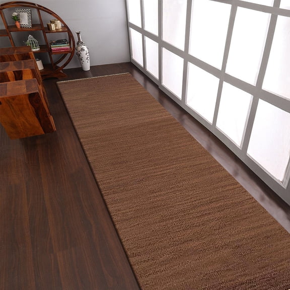 Rugsotic Carpets Hand Woven Flat Weave Kilim Wool Eco-Friendly 2'6''x8' Area Rugs Runner Light Brown Plain Solid Design Low Pile Indoor Handmade Rug for Living Room, Bedroom D00111