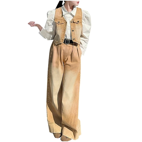 Juslio Girls Pants Casual Solid 5-12 Years Sleeved Shirt Denim Button Sleeveless Wide Leg Three Piece Set Sleeved Lapel Set Khaki