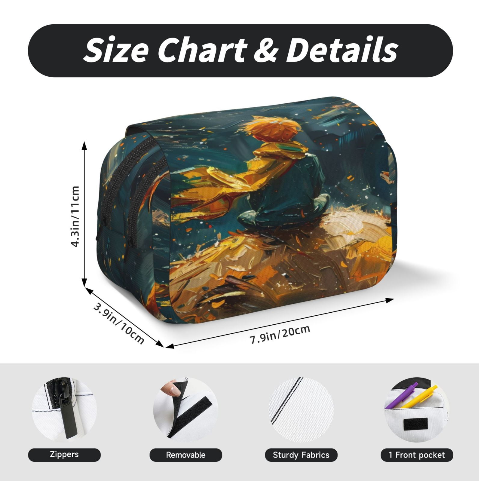 Rateoe Whimsical Starry Night Scene Pattern Double Clamshell Pen Case, Storage Organizer with Two Zipper Compartments– Holds Up to 50 Pencils & Pens