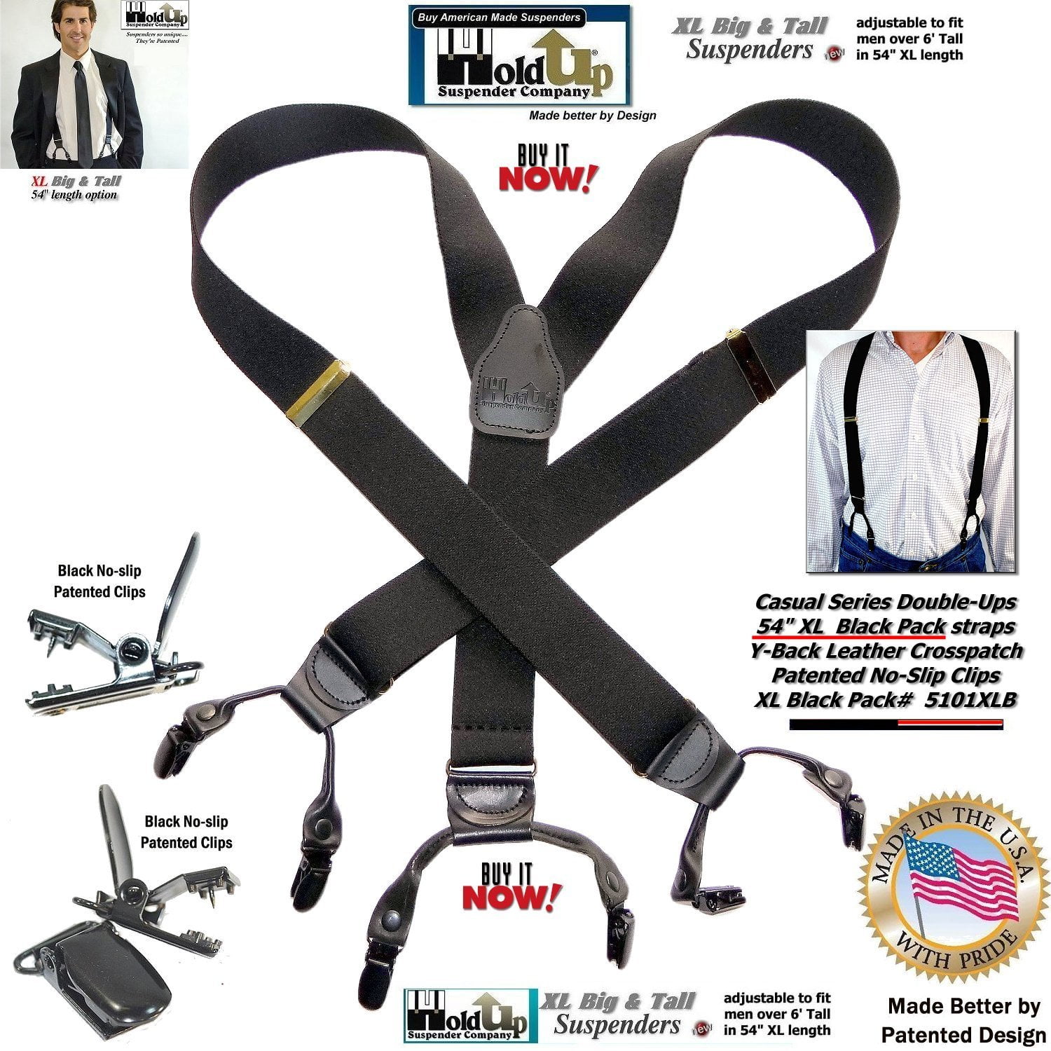 HoldUps Black XL 1 1/2" wide Casual Series DoubleUps Style Suspenders