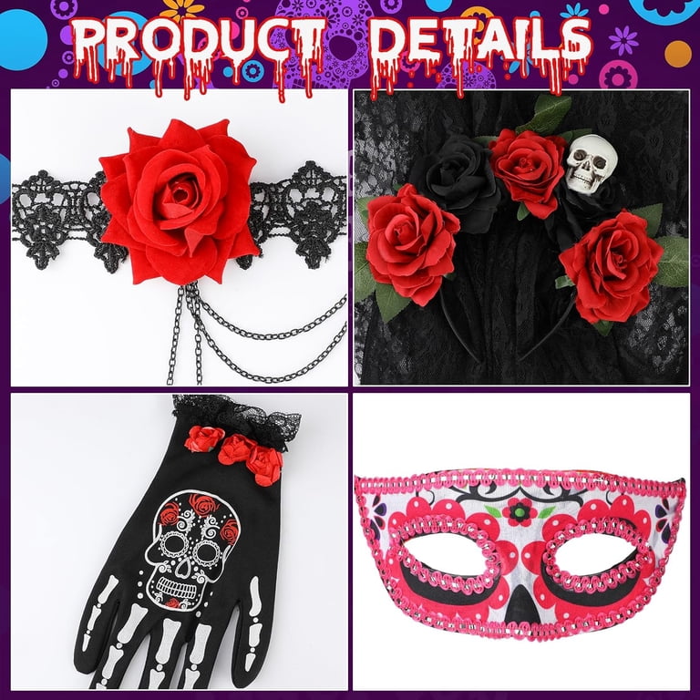 4PCS Day of the Dead Costume Set for Women, Flower Skull  display picture 2