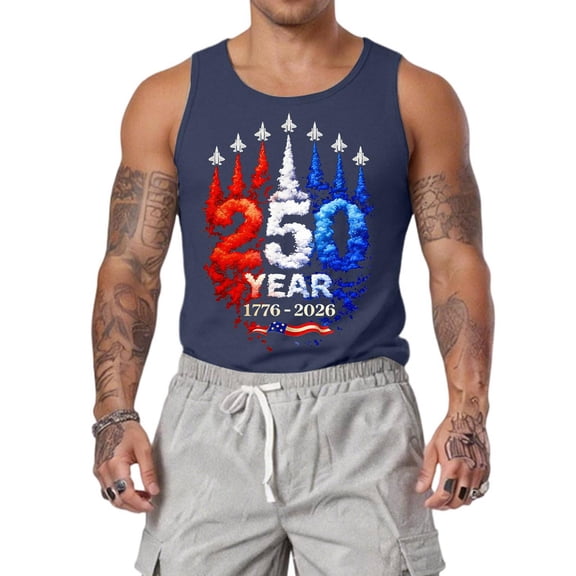 GrmtClth Mens 250 Years Usa Tank Top Anniversary American Flag Pattern Tee Breathable Sleeveless Top Fashion 1776-2026 Print Shirt Royal Blue 5XL
