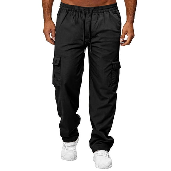 Dresfit Cargo Sweatpants Men Summer Big and Tall Work Pants Straight Drawstring Gym Joggers with Multipockets Spring Elastic Waist Strech Running Trousers Black S