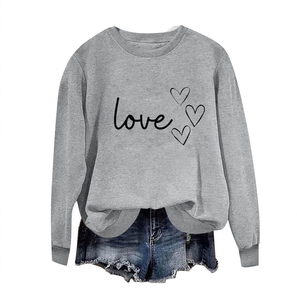 Sudadera Penkiiy Valentine para mujer: lindas camisetas del día de San Valentín con estampado gráfico de corazón Suéter de manga larga Tops XS Gray