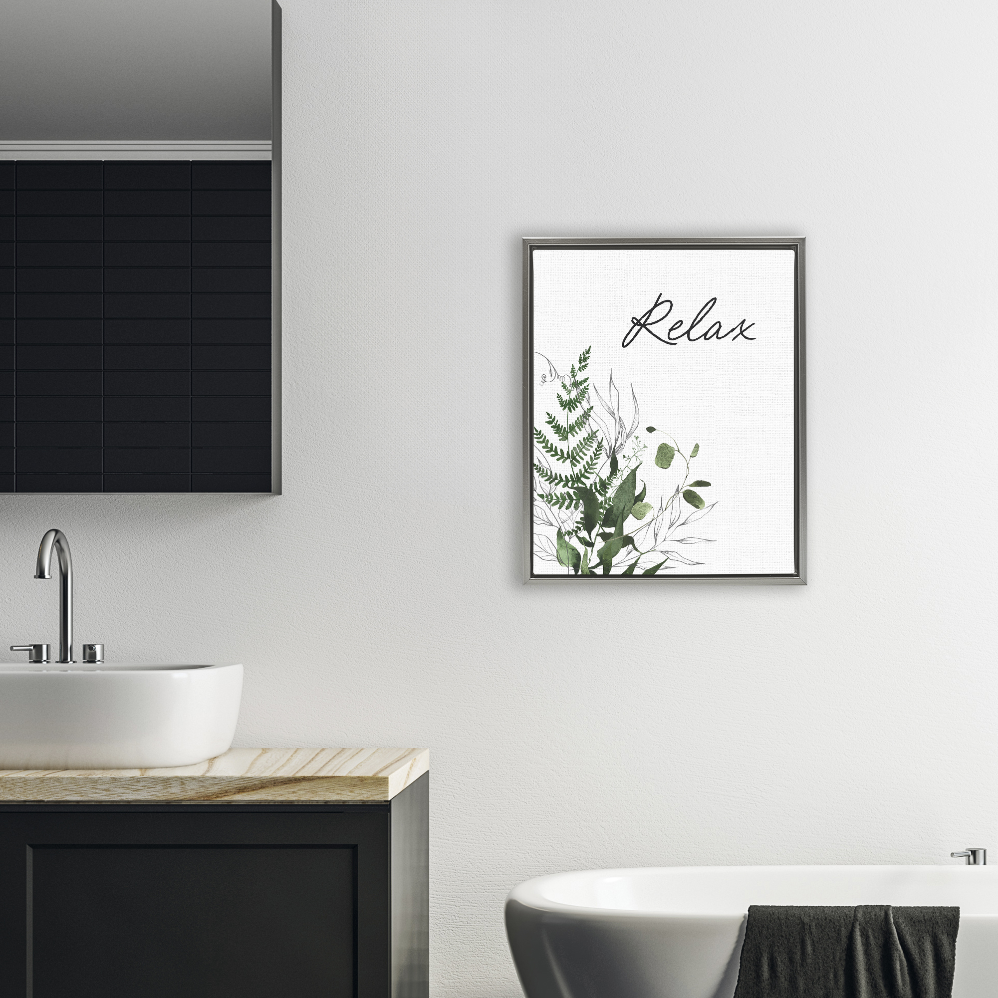 Relax Ferns & Botanicals Gray Framed Floater Canvas Wall Art, design by Lettered and Lined