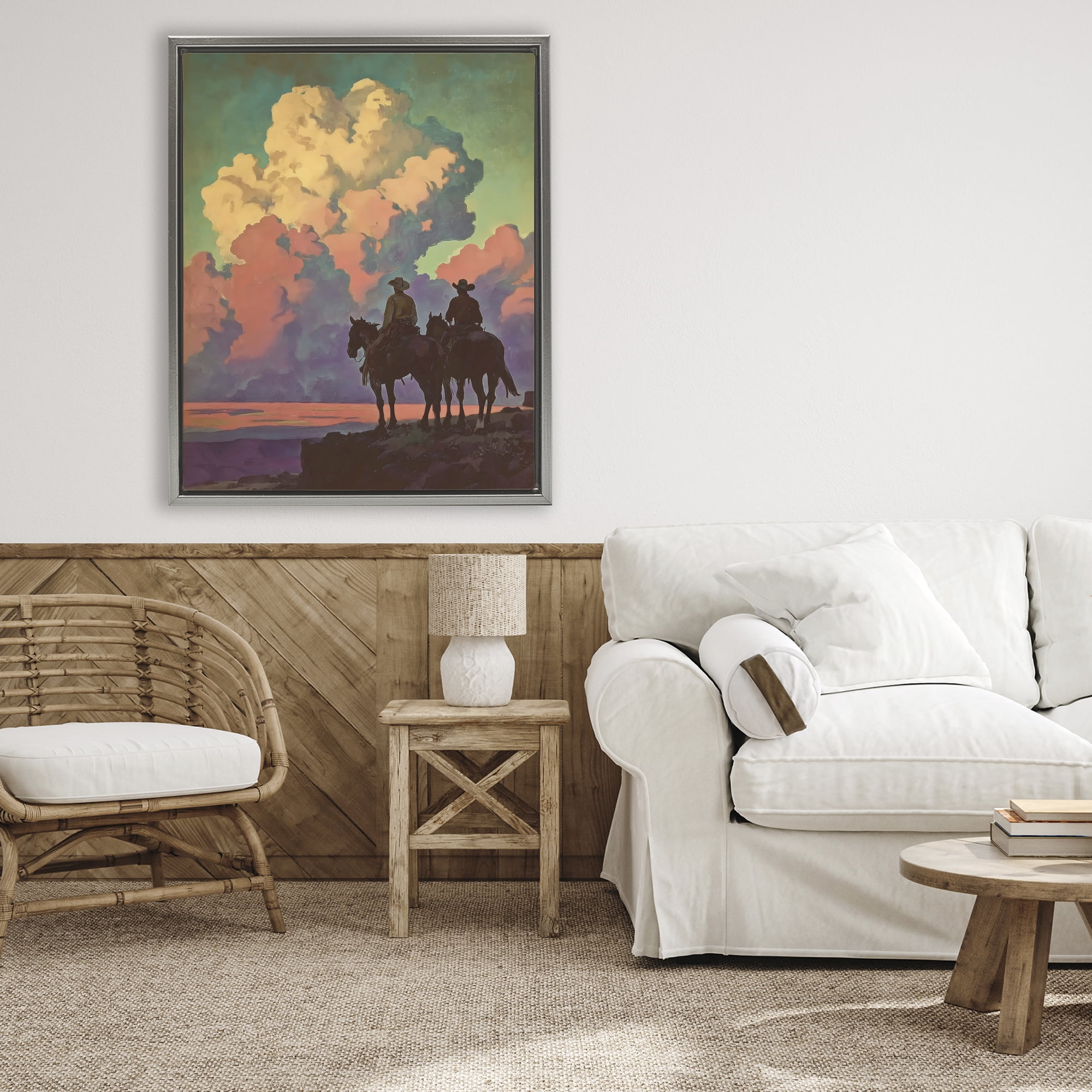 Stupell Industries Cowboys Silhouetted Against Clouds Gray Framed Floater Canvas Wall Art, design by Arlington Prints