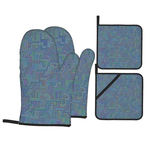 YFYANG Oven Mitts and Pot Holders Sets 4 Pieces, Non-Slip Heat Resistant Color Printed Circuit Board Pattern Kitchen Glove Pot Mat for Cooking and Baking