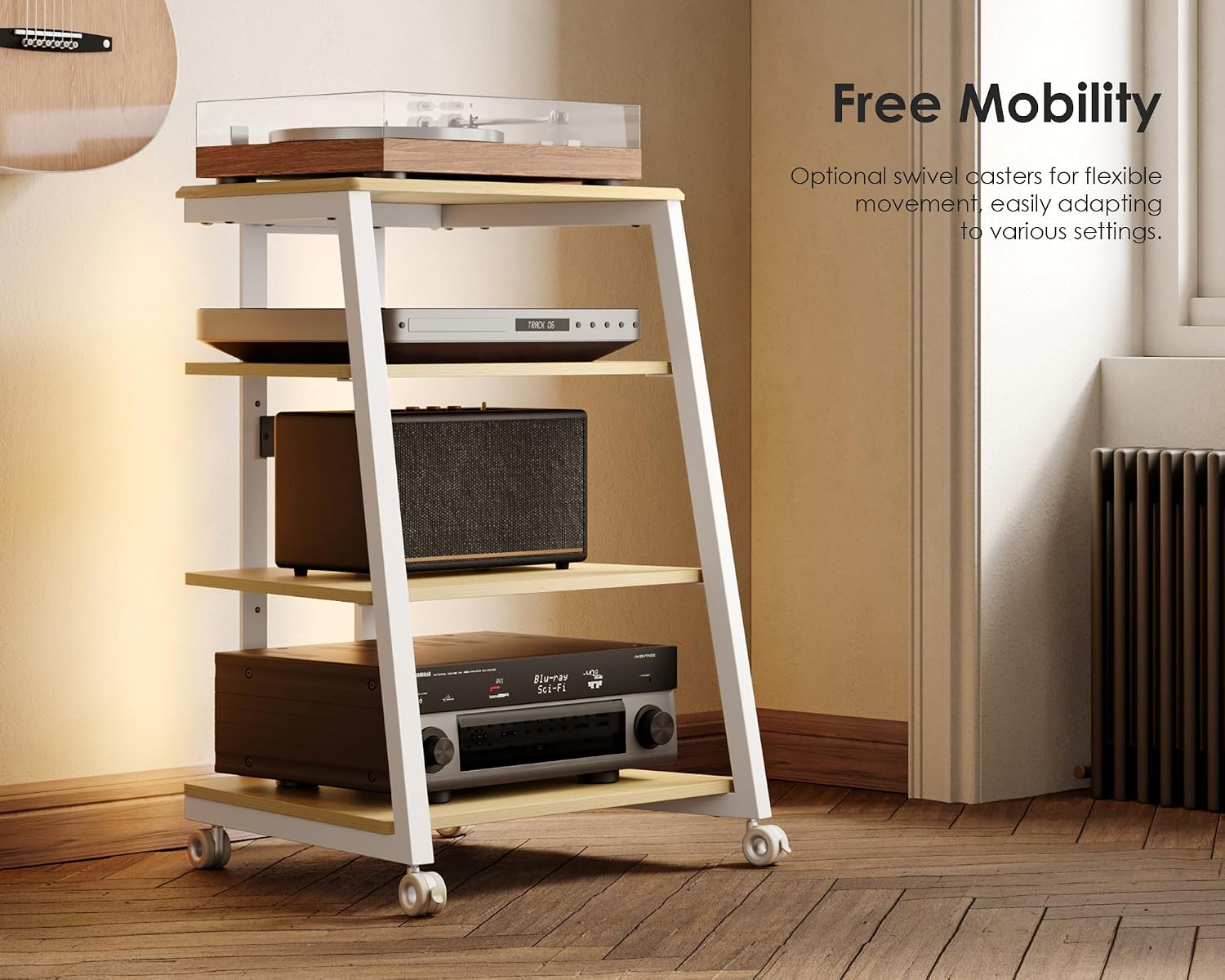 FITUEYES 4-Tier Media Stand with LED Backlight and Power Outlet, Adjustable Shelves, White Oak