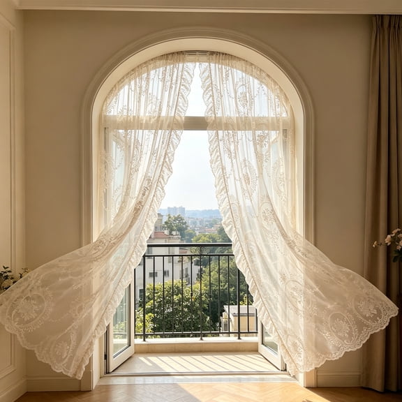 Lace Sheer Curtain Floral Rod Pocket Window Curtain For Home Decor,White