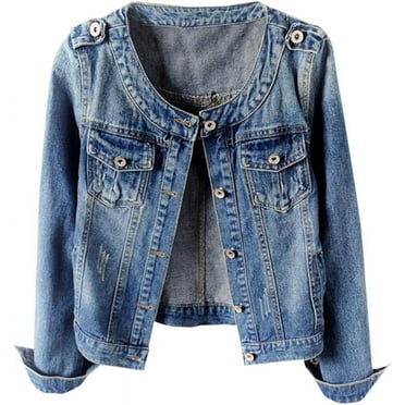 Women's denim jacket with no collar and long sleeves, fashionable and casual denim washed cute denim jacket jacket jacket