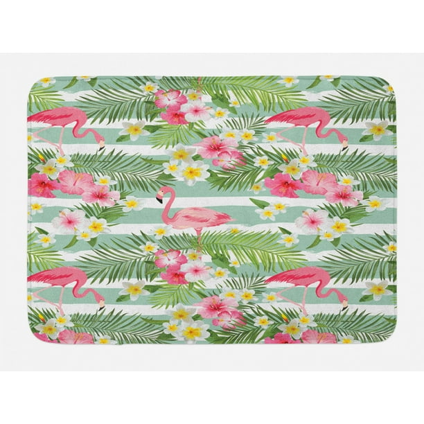 Flamingo Bath Mat, Flamingos with Exotic Hawaiian Leaves Flowers on