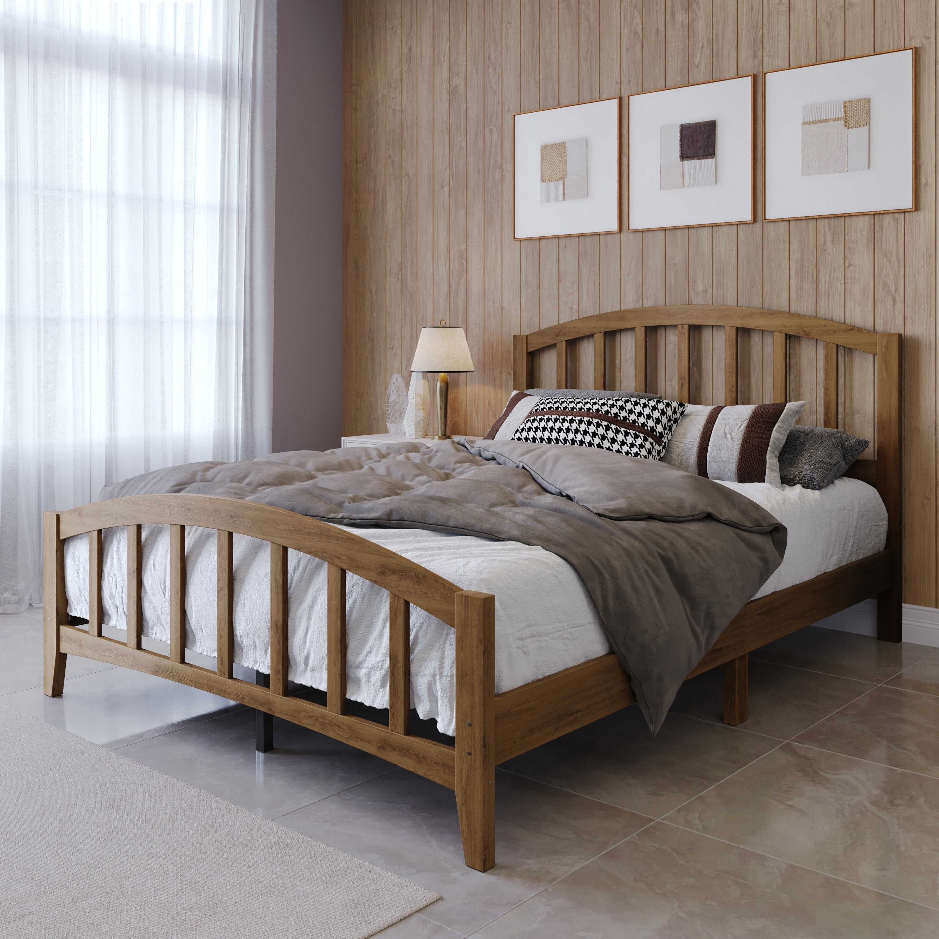 Home Design Nogales Twin Panel Bed Frame with Arched Slat Headboard and Center Support, Brown, Box Spring Required, Easy Assembly