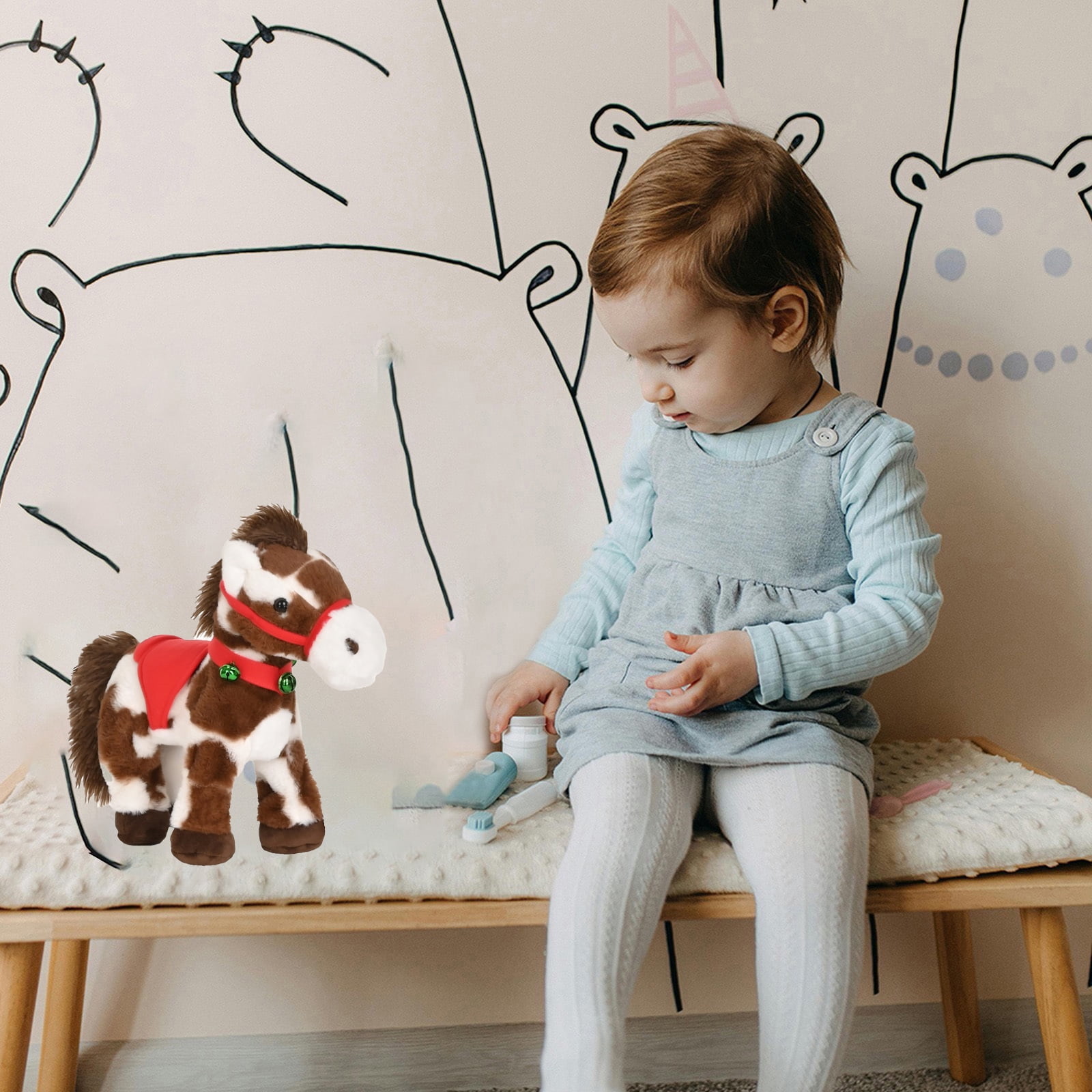 Spotted Electric Plush Horse, Interactive Soft Adorable Pony with Joyful Neighing Sound Cute Plushie Red Saddle Green Jingle Bell Walking Head Tail Stuffed Pet Christmas Birthday Gifts,1PC, 10 Inch