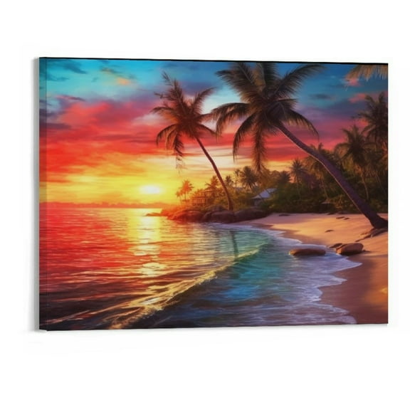 Fenyluxe Canvas Wall Art for Bedroom Seascape Sunset Canvas Wall Art Tropical Palm Tree Canvas Artwork Beach Canvas Print for Living Room Ocean Wall Art Decor Sea Waves Canvas  20x16 inch