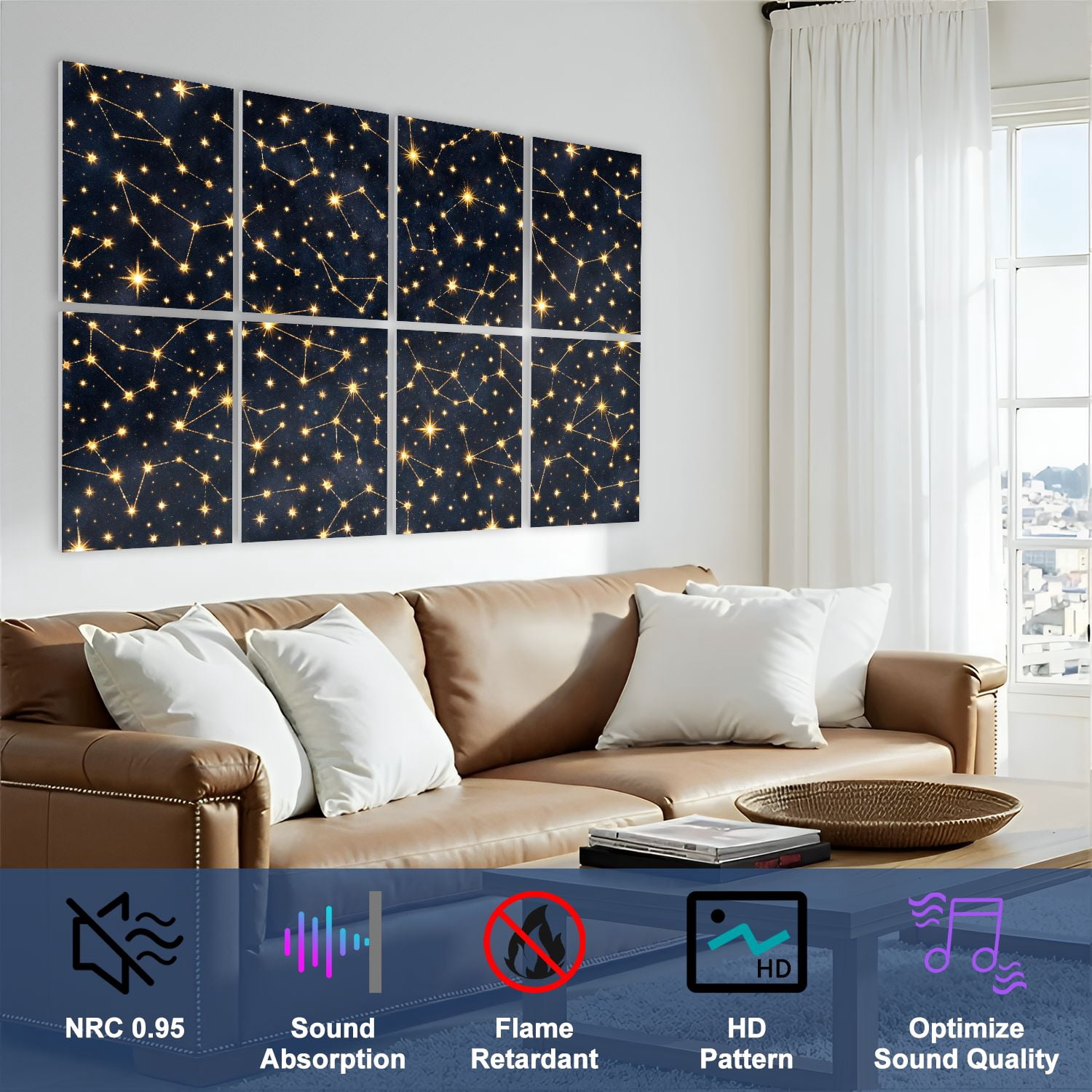 8 Pack Art Acoustic Panels Constellation Golden Stars Dark Night Sky Seamless Cosmic Design Self Adhesive Absorbing Dampening Panels Self Adhesive for Nursery Game Room Bedroom 48"x32"