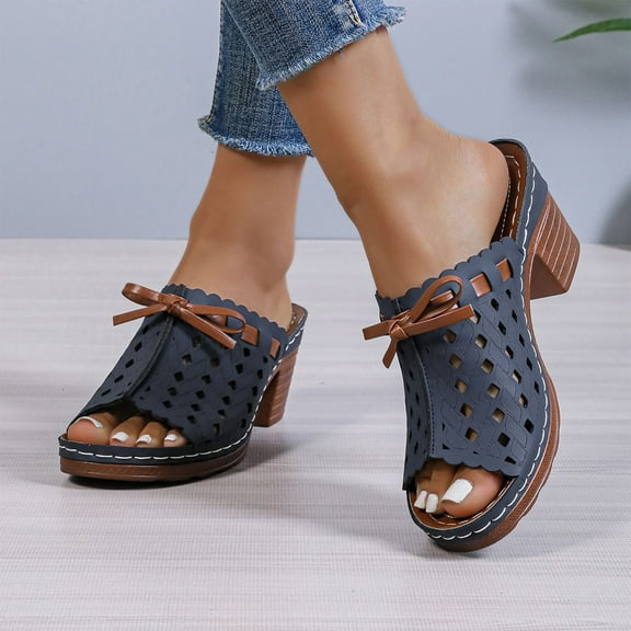 Viluyesy Women's Block Heels Sandals, Bowknot Hollow Slip-On Soft Sole Spring Summer New Style Slide Shoes Blue 6.5