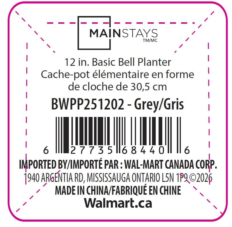 Mainstays Basic Bell Planter 12 inch Grey, Classic Design with Attached Tray Durable Weather Resistant Matte Finish