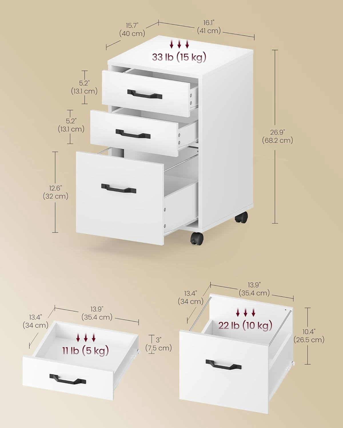 File Cabinet, 3 Drawers Filing Cabinet for Home Office, with Wheels, for A4, Letter Sized Documents, Hanging File Folders