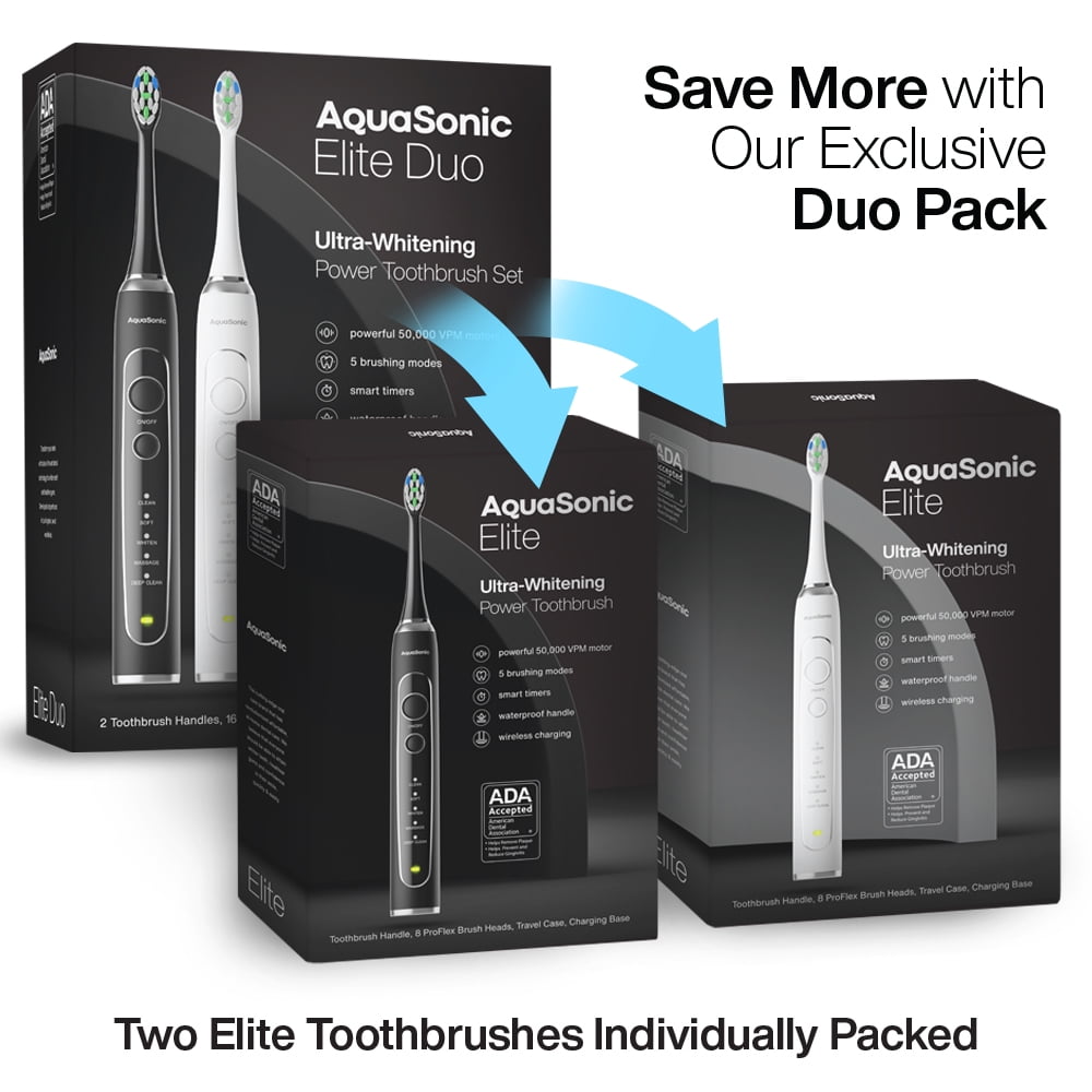 AquaSonic Elite Duo Rechargeable  Electric Toothbrush Set – ADA Accepted, 5 Modes, 2 Travel Cases, 16 Brush Heads (Black/White)