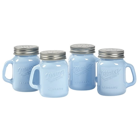 Round Salt And Pepper Set (Mason Craft and More 4 Ounce Round Glass Salt and Pepper with Handle and Silver Metal Lid, Opaque Blue, Set of)