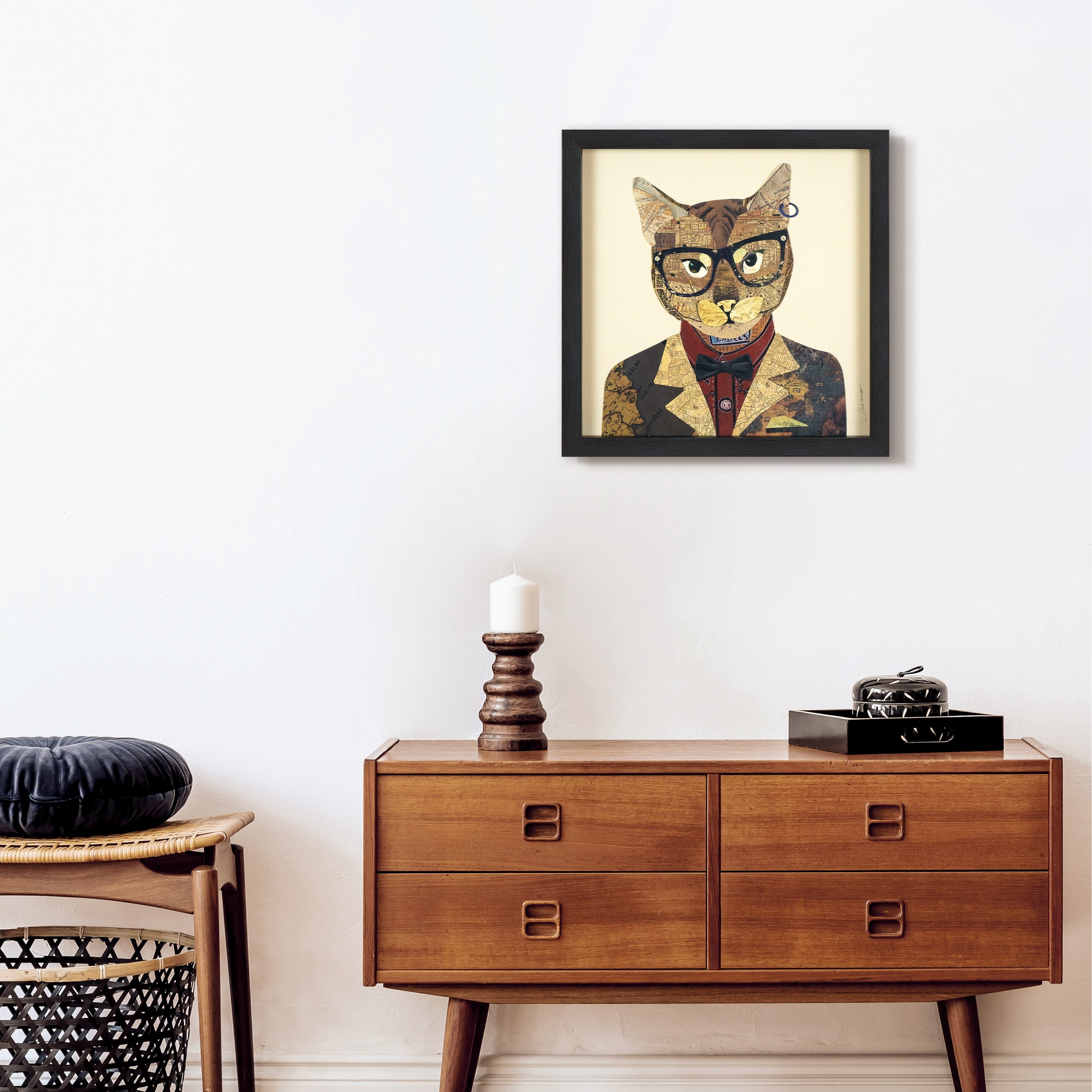 Empire Art Direct Funky Cat 2 Dimensional Collage Framed Graphic Art Under Glass Wall Art, 17" x 17" x 1.4", Ready to Hang