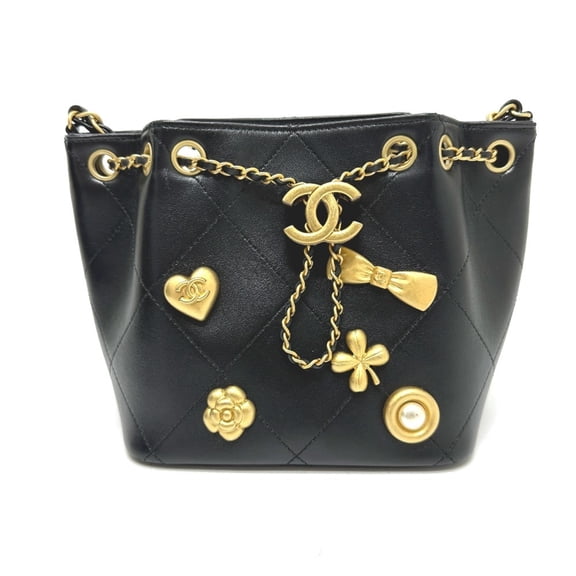 Pre-Owned CHANEL AS5824 25K Drawstring Icon Chain Shoulder Bag in Black Leather (Good)