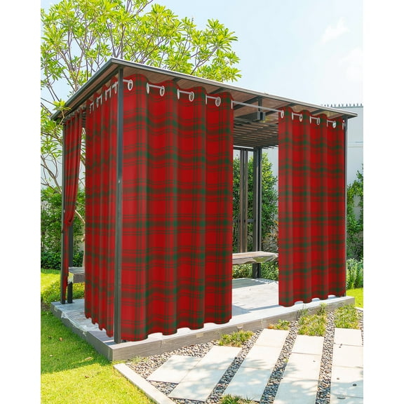 Outdoor Curtains for Patio, Red Lattice, Waterproof Blackout Outside Curtain for Porch/Pergola/Gazebo, Christmas Plaid Red Black Country Check Thermal Insulated Drapes, 1 Panel, 54 x 95 Inch