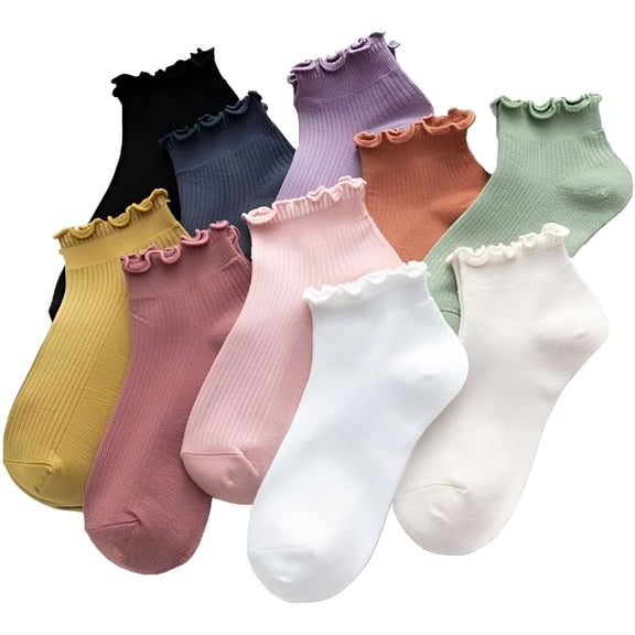 TELOLY 10Pair Fashion Women Frilly Ins Style Socks Cotton Ruffle Cute Short Sock for Spring Summer Ruffle Socks Women