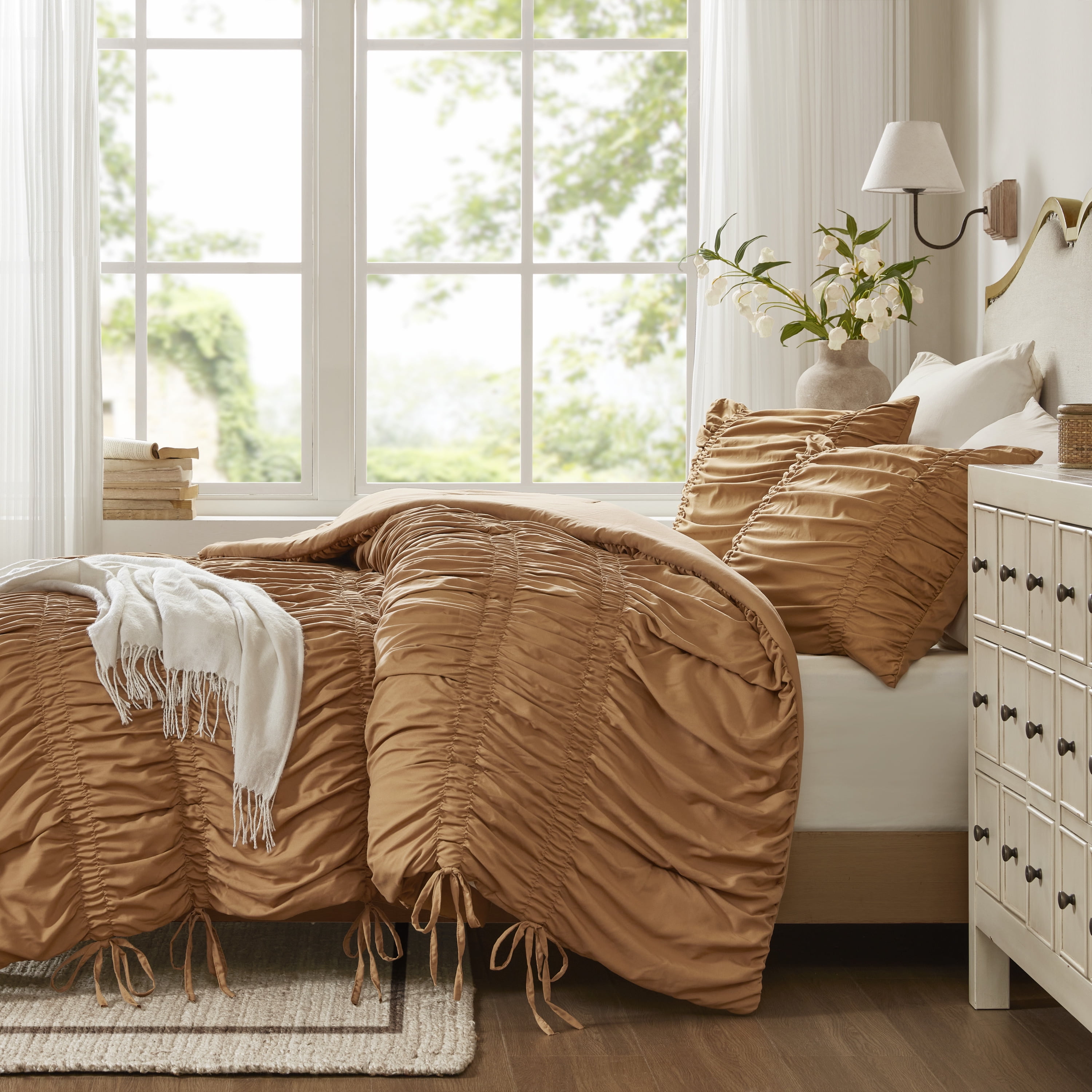 Regency Heights Full/Queen Soft Washed Comforter Set, Ruched Striped Dorm Bedding Sets, 3-Piece Brown French Country Comforter Bed Set with Bow Ties and Sham for All Season