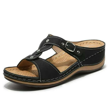 

BELLZELY Womens Shoes Wide Width Clearance New Hollow Cross Rhinestone Women s Large Size Flat Slope Heel Slippers
