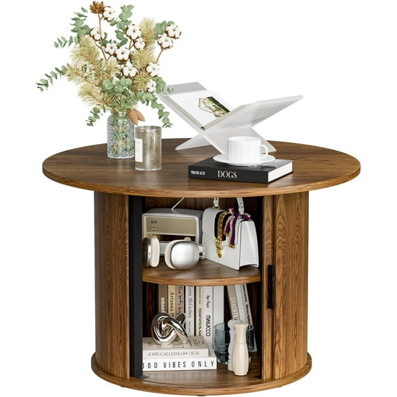 27.6" Small Round Coffee Table for Living Room, Farmhouse Fluted Side Table with 2-Tire Shelf Storage, Modern Circle Sofa Accent End Table with Walnut Finish