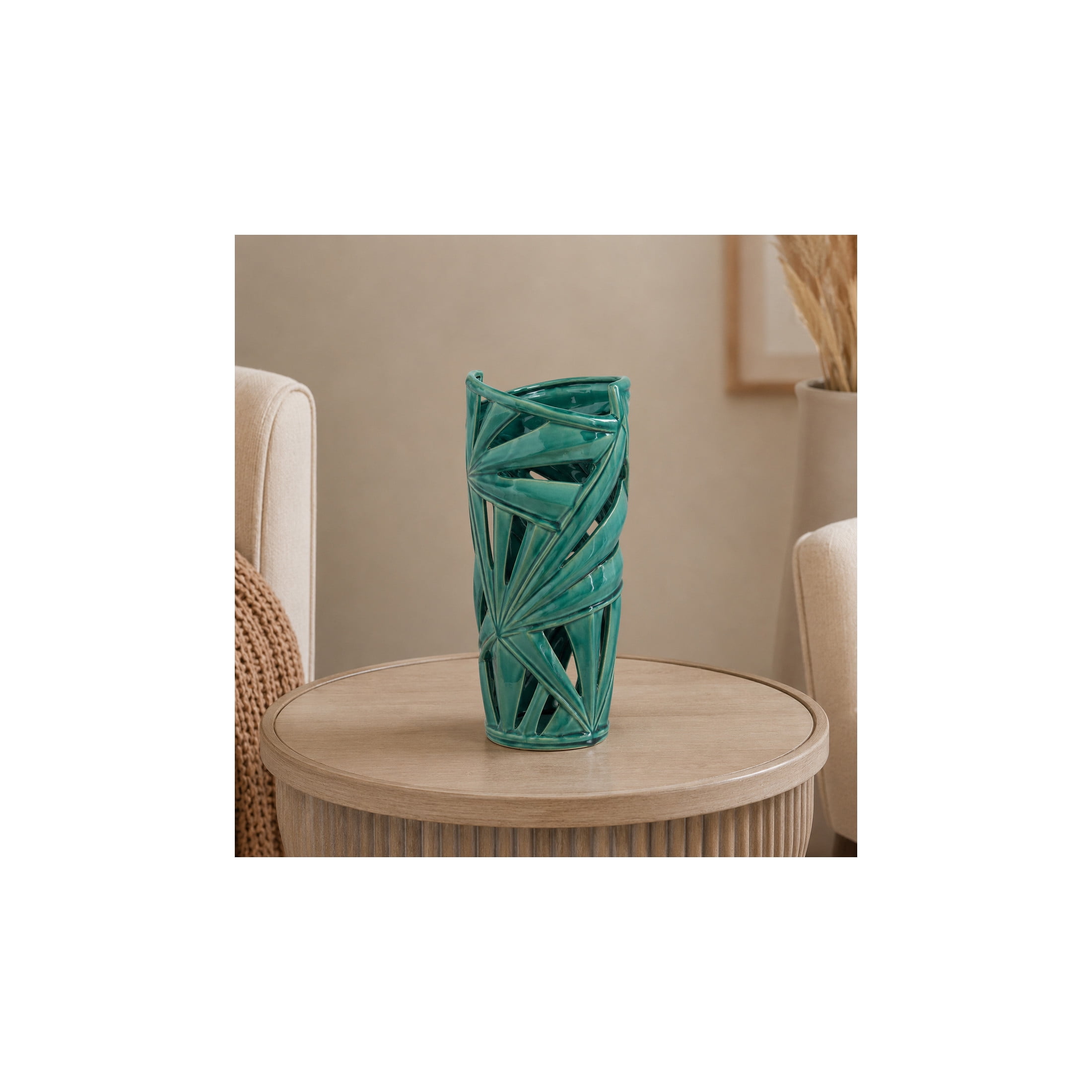 CosmoLiving by Cosmopolitan 16" Leaf Green Ceramic Vase with Cut Out Deign