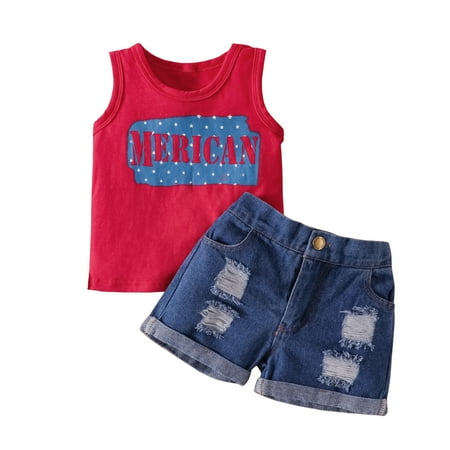 

KmaiSchai 6-9 Months Baby Girl Clothes Fall Outfits Toddler Kids Baby Girls Boys 4Th Of July Summer Sleeveless Independence Day Vest T Shirt Tops Denim Shorts Outfits Set Suspenders Outfit For Boys
