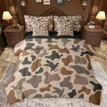 Homewish Retro Camo Pattern 7-Piece Bedding Comforter Set,Rustic Mallard Duck King Bedding Sets,Brown Black Bed Sheets For Boys Teens,Ultra Soft Home Decor Reversible