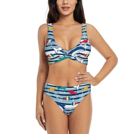 Zeuib Fish And Shark High Waisted Tummy Control Bikini Set - Knot Front Push Up Top & Cheeky Thong Bottom  Two-Piece Swimsuit for Women-XX-Large