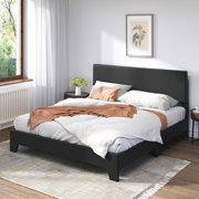 Sifurni Queen Size Platform Bed Fame with Upholstered Adjustable Leather Headboard and Wood Slat Support, Black