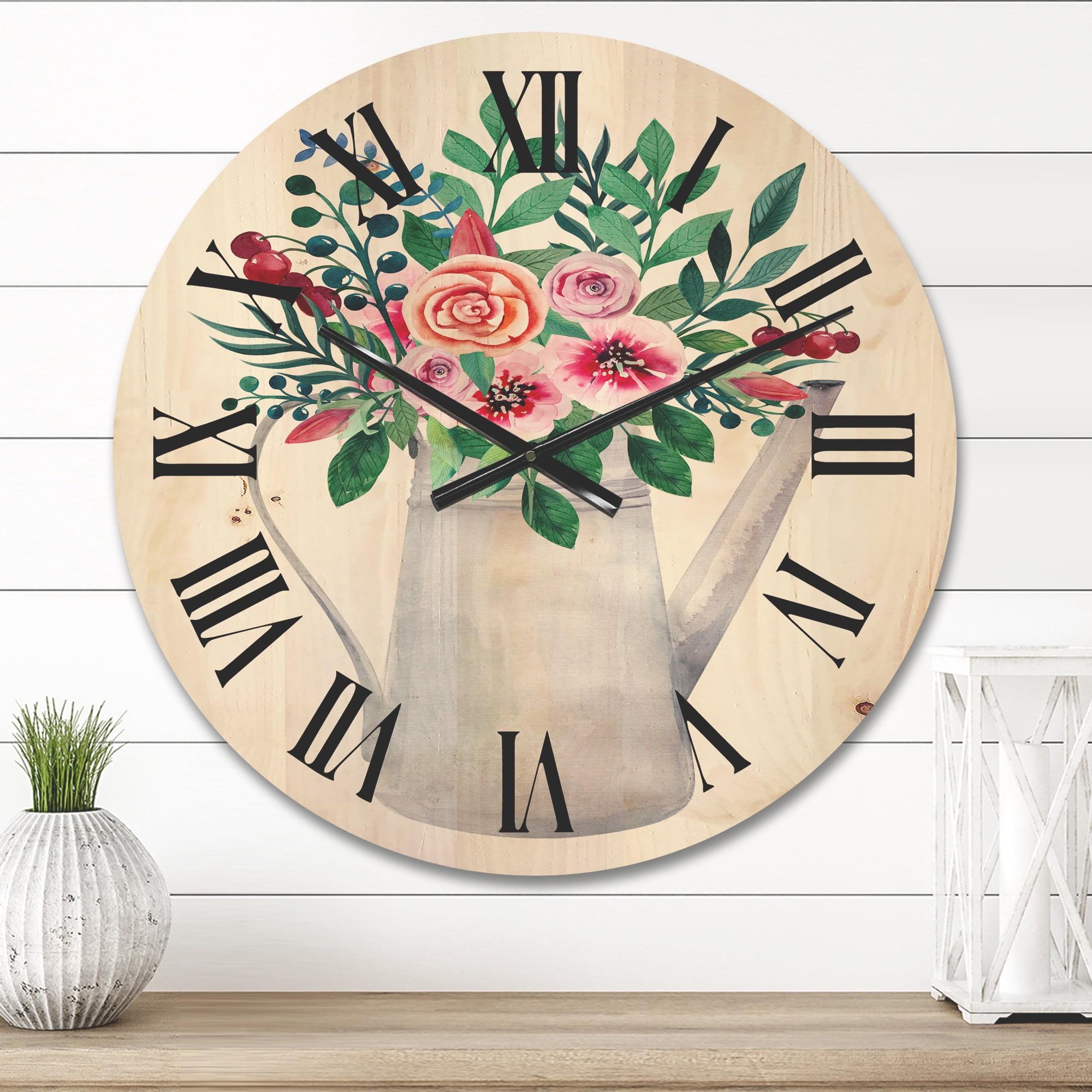 Designart 'Bouquets of Flowers In Rustic Flowering Pot With Berries' Traditional Wood Wall Clock