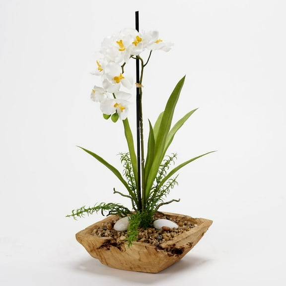 D & W Silks White Vanda Orchid in Square Wooden Bowl