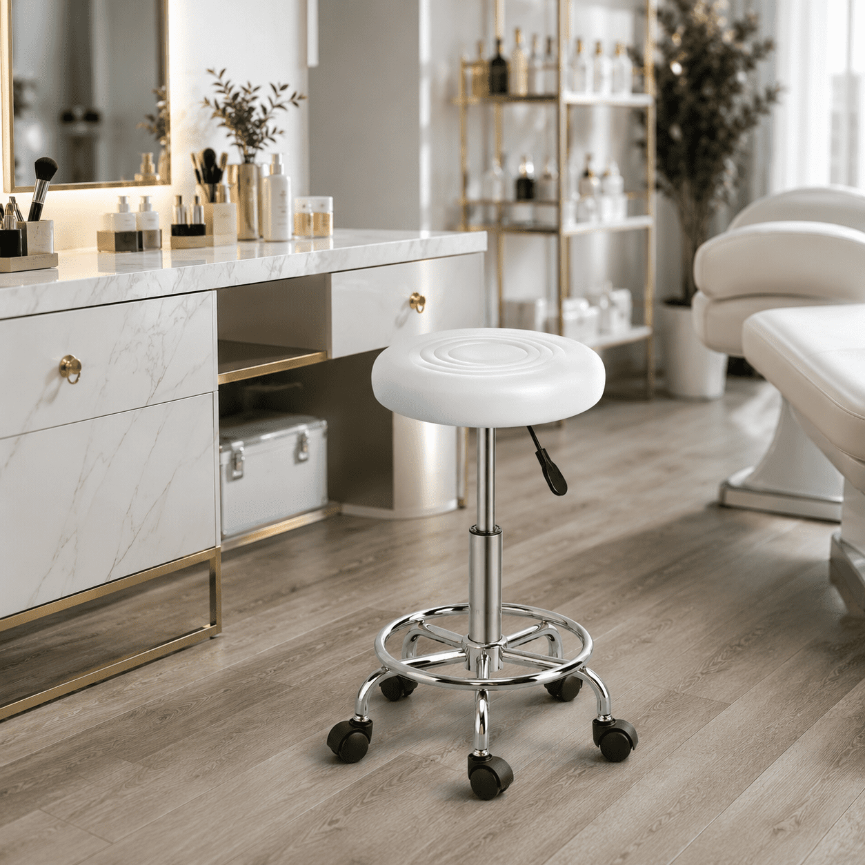 Alvantor Rolling Stool, White PU Leather Round Seat with Height Adjustment