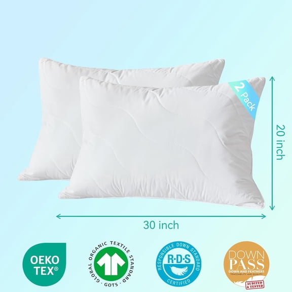 White Goose Feather Down Pillows Standard Size, Cotton Pillows Set of 2- Cotton, Medium Firm, Soft Support