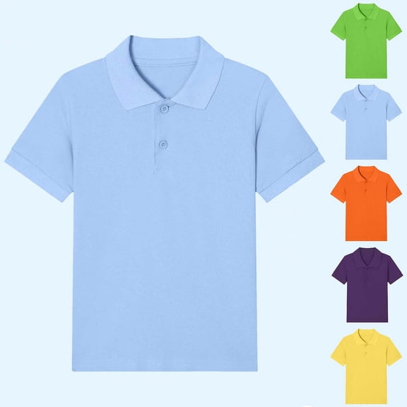Eltusu Boys Cotton Polo Shirts, Pullover Breathable Short Sleeve Lapel Collar School Uniform Shirts Light Blue Size 6 T