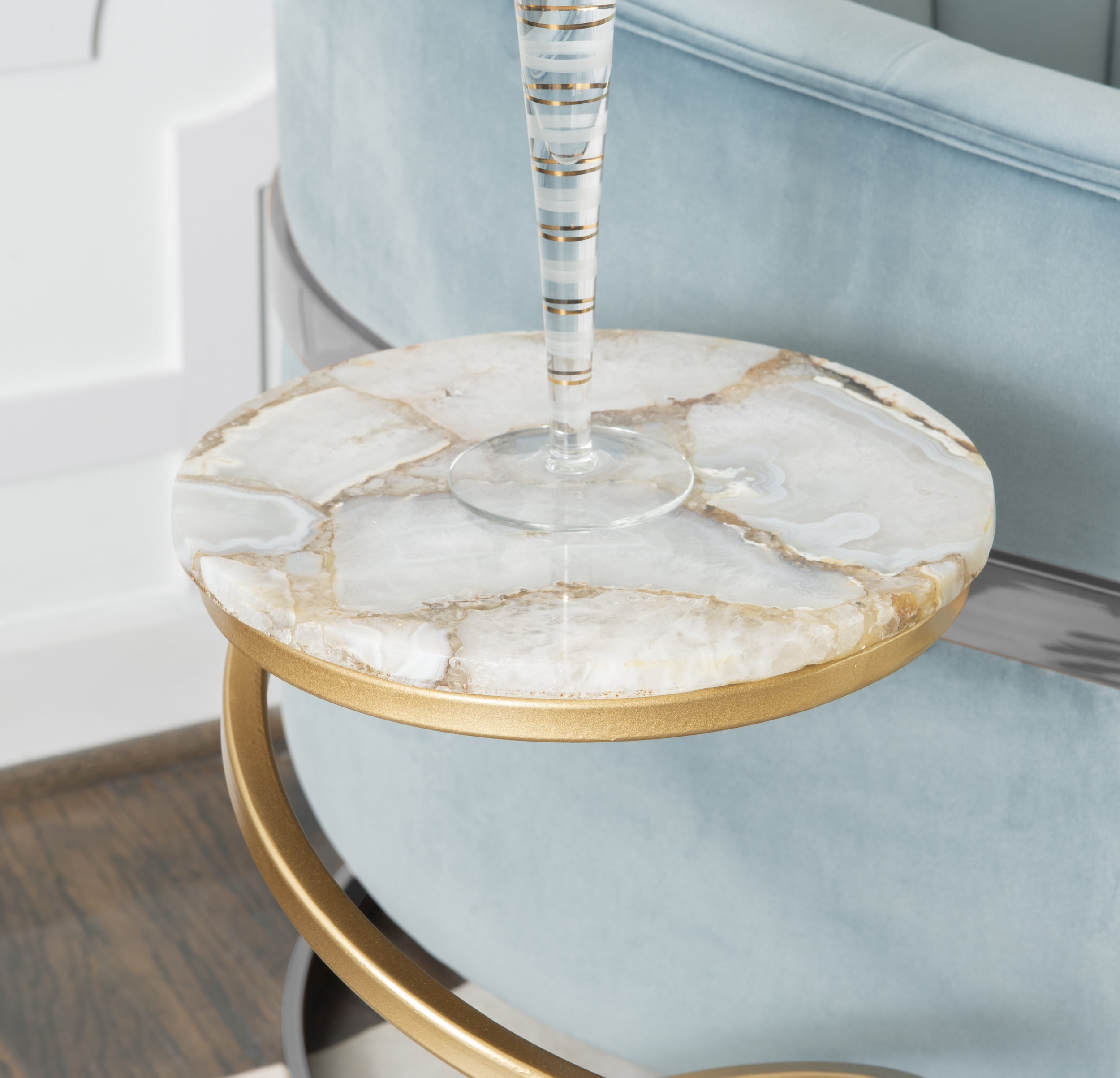 Powell Nevin Modern Round Spiral Base Drink Table, 23.75" Tall, Gold/Gray Agate