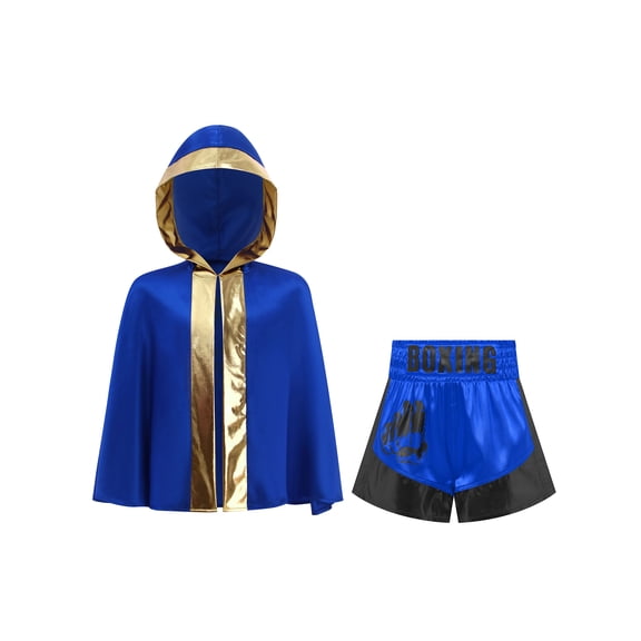 vastwit Youth Kids Boys Boxing Robe Hooded Cape and Shorts Set 2-Piece Kickboxing Uniform Training Outfit Blue Gold Black 10