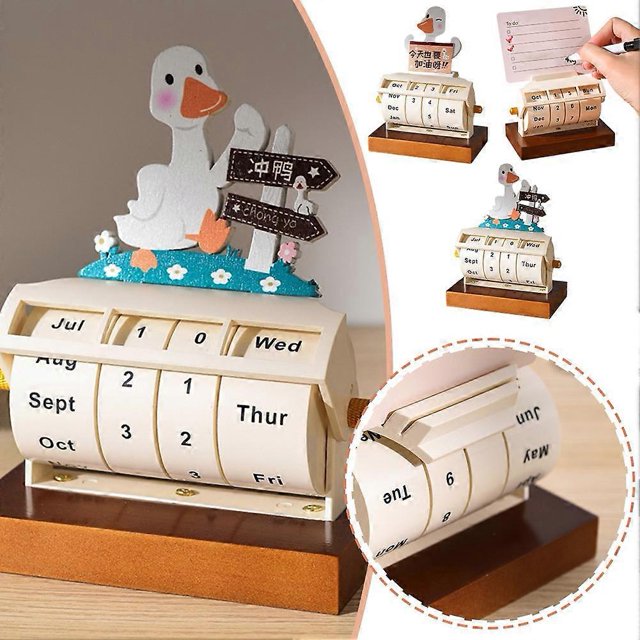 2025 Wooden Rotary Perpetual Desk Calendar Home Decor Rush Duck Birthday Gift