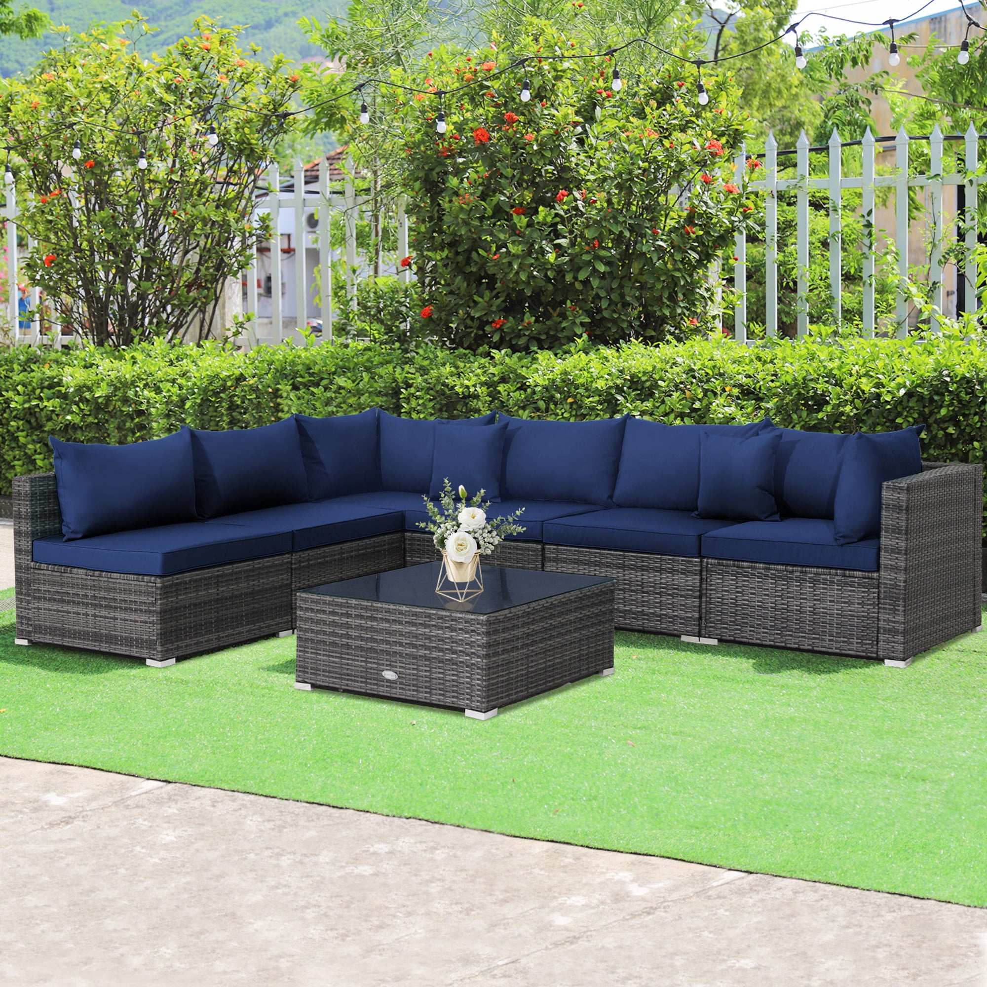 Gymax 7PCS Patio Rattan Sectional Sofa Set Outdoor Furniture Set w/ Navy Cushions