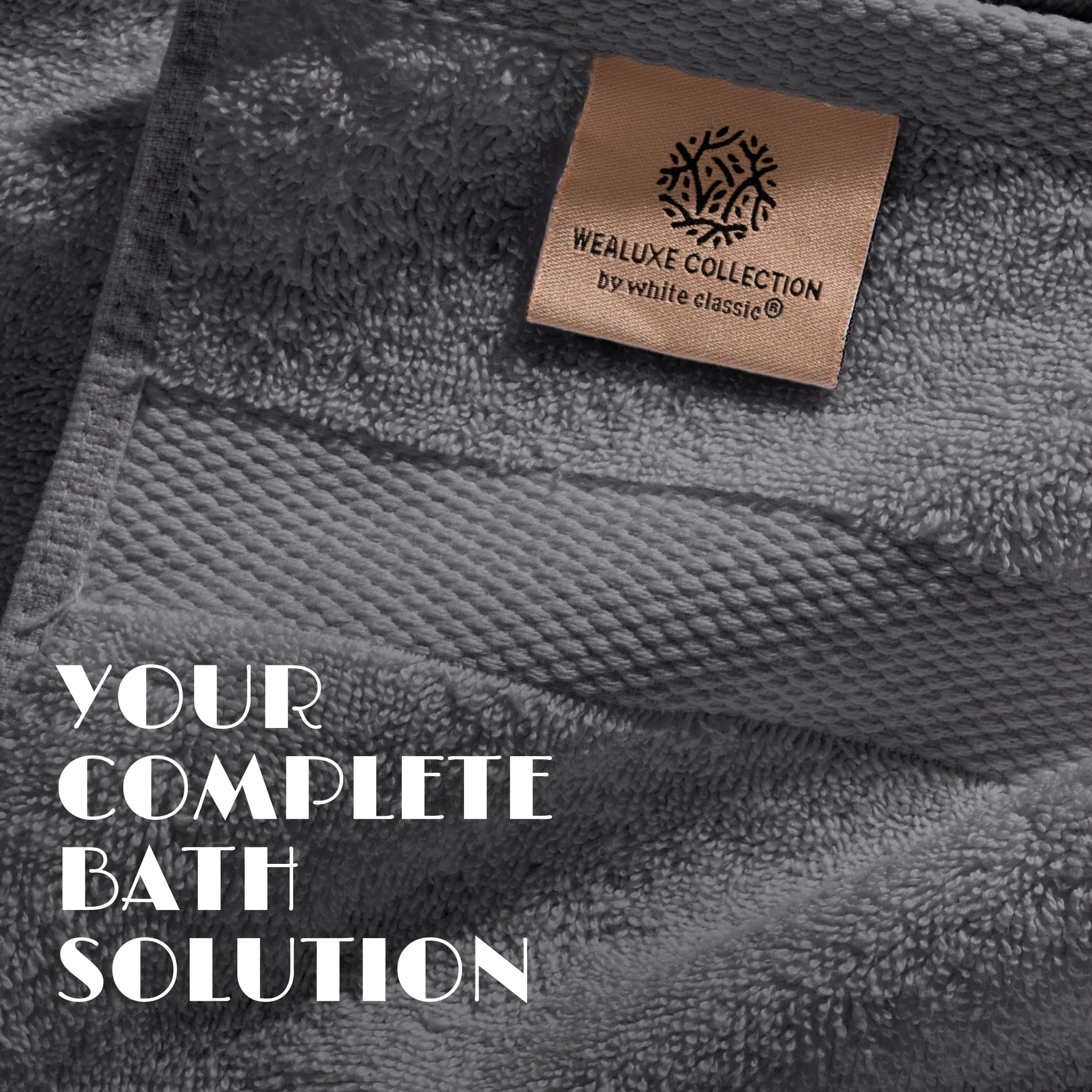 White Classic Gray Bath Towel Set of 6 - 100% Cotton Highly Absorbent Towels for Bathroom, 2 Luxury Bath Towels 650GSM, 2 Hand Towels, 2 Washcloths