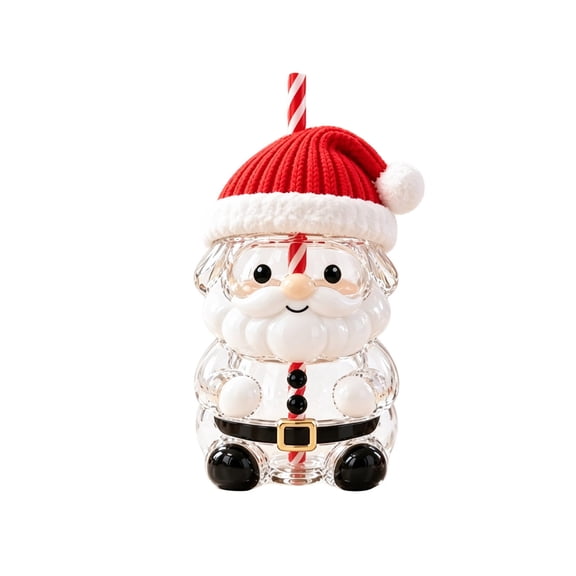 Christmas Character Sippy Cup with Straw - Glass Drinking Cup with Removable Festive Hat, Holiday Decor and Gift Idea for Home and Office red