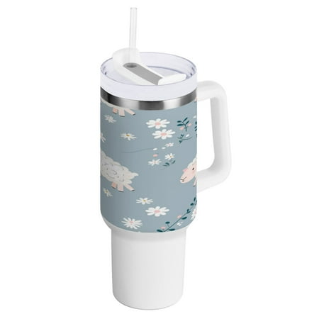 

40 Oz Car Handle Water Bottle 10.8x3.85 Inch Handle And Straw Travel Water Bottle Reusable Stainless Steel Water Bottle Cute Cartoon Lamb