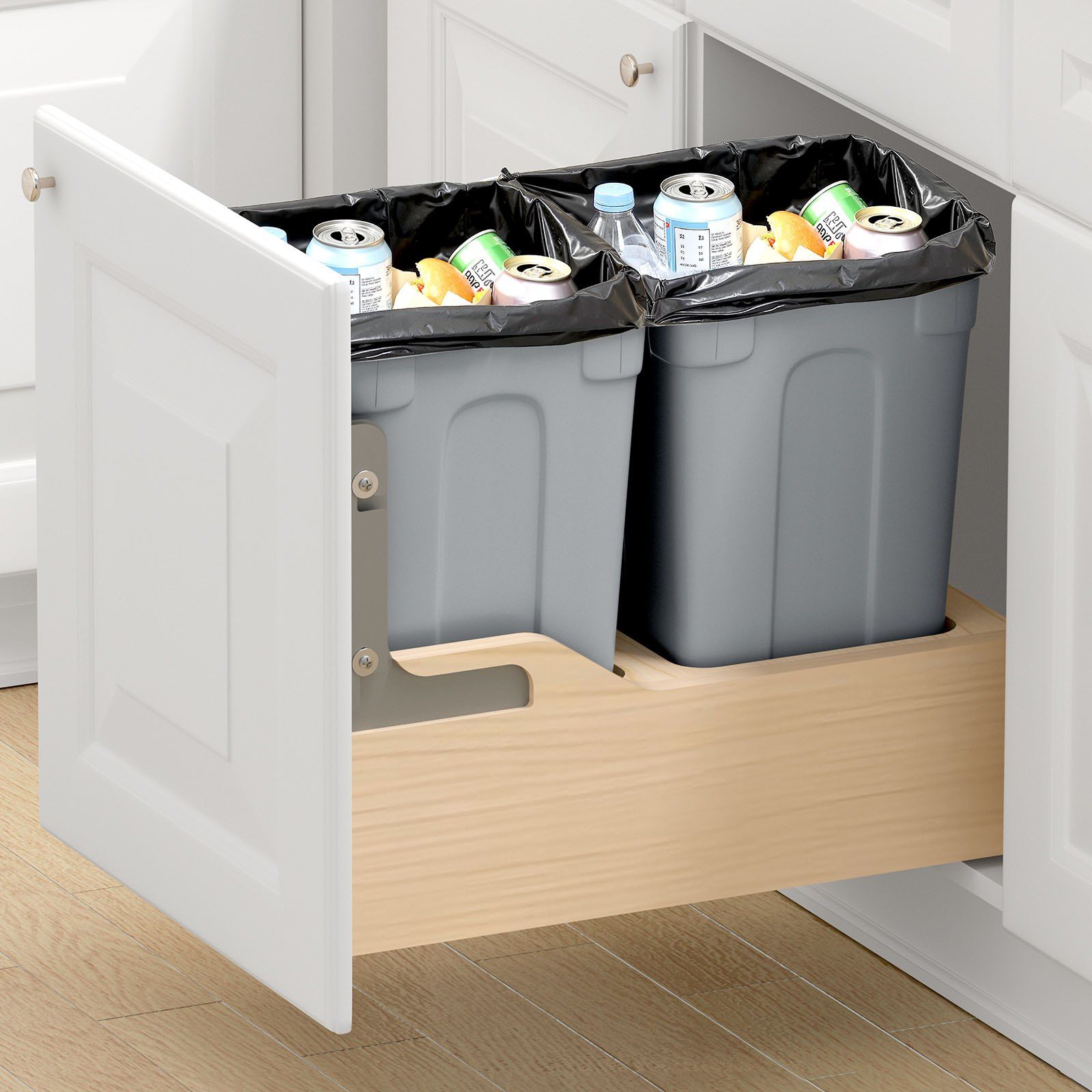 Double 35QT×2 Pull-Out Waste Container, Under Cabinet Dual Kitchen Trash Bin with Soft-Close Slides, 70QT Total Capacity Hidden Garbage Can with Door-Mount Kit, Heavy-Duty Frame, Easy Installation